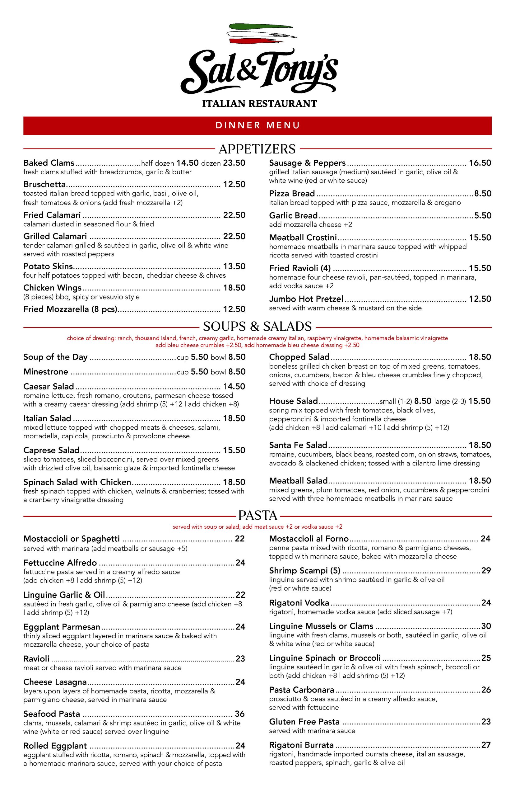 Sal&Tonys DinnerMenu Page 1
