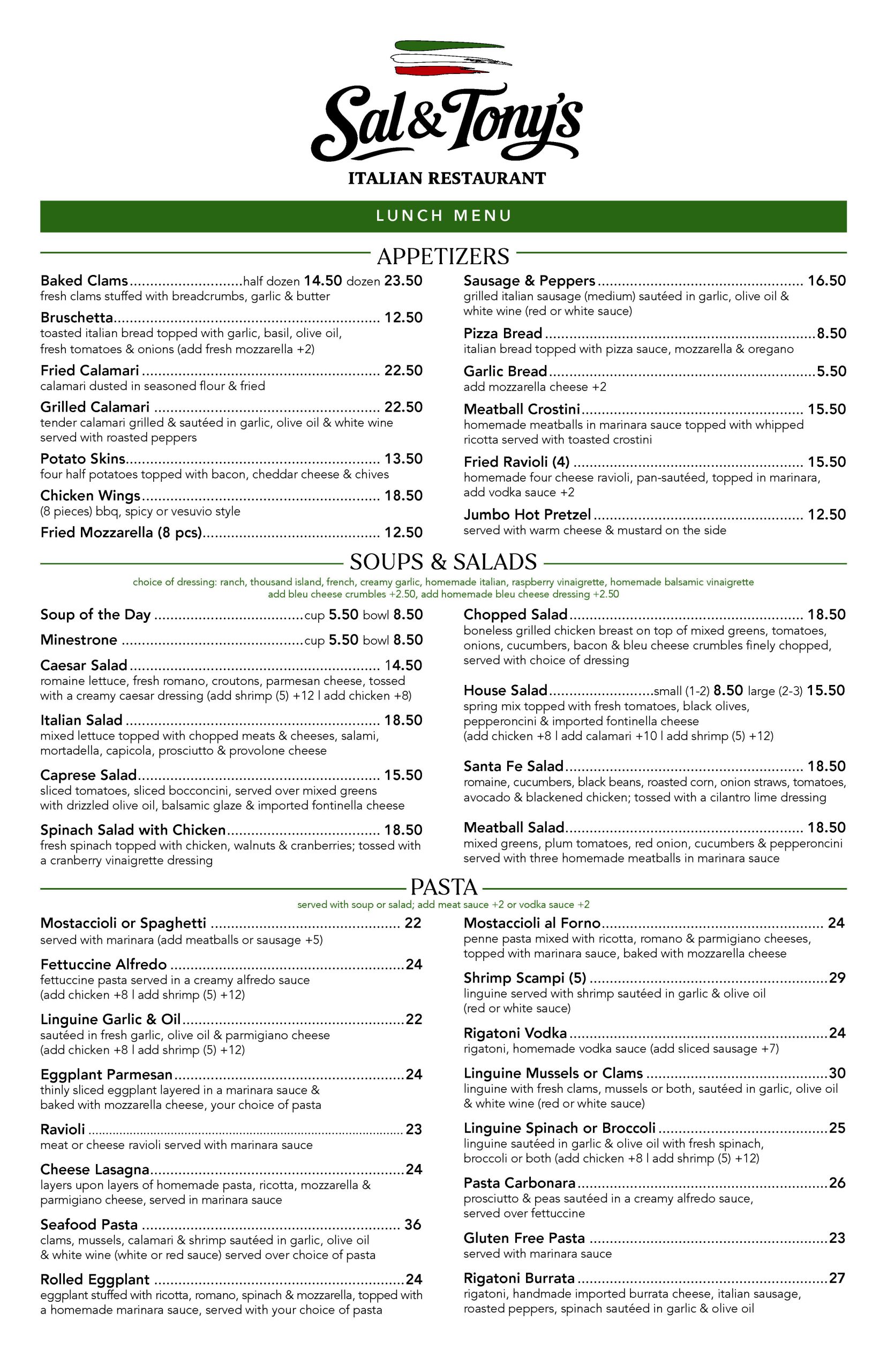 Sal&Tonys LunchMenu Page 1