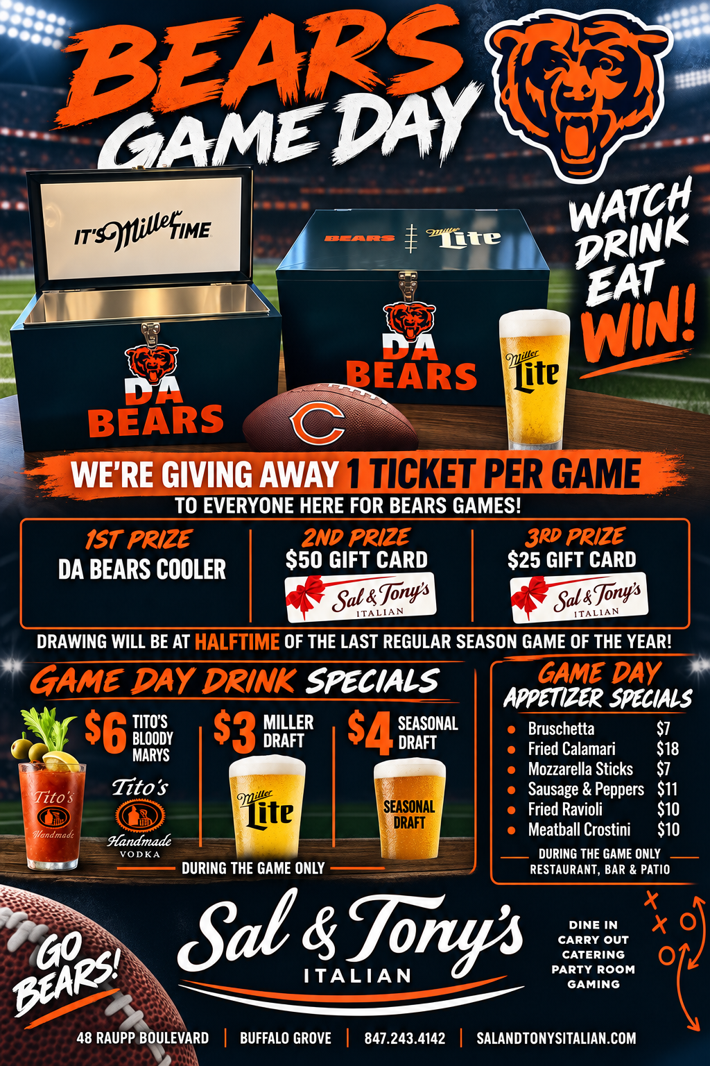 Bears Game Day at Sal & Tony’s with a cooler and gift card giveaway, drink specials, and appetizer specials.